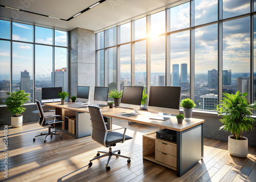  Modern Workspace Interior with PC Monitors and Panoramic Window