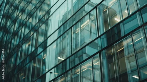 A reflective glass windows of office building, A building glass window with a view of a city skyline