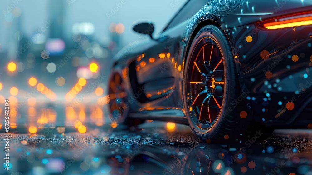 Futuristic car of the future, Close up perspective of a car wheel with futuristic design elements with a blurred, modern cityscape background Futuristic car of the future, Close up perspective of a car wheel with futuristic design elements with a blurred, modern cityscape background