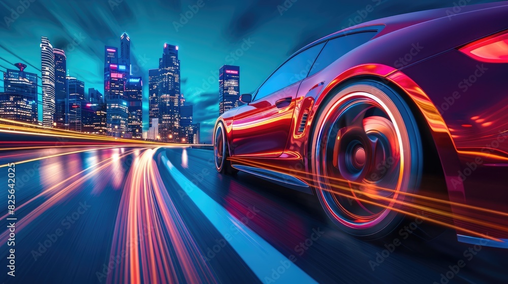 Dynamic low angle shot of a car wheel in motion with a futuristic city skyline and streaks of light creating a sense of speed and innovation Dynamic low angle shot of a car wheel in motion with a futuristic city skyline and streaks of light creating a sense of speed and innovation