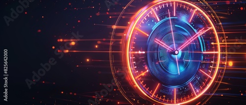 Neon clock hands on dark face, representing fastpaced business, time urgency, glowing business concept, generative ai