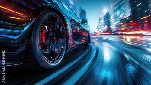 Dynamic low angle shot of a car wheel in motion with a futuristic city skyline and streaks of light creating a sense of speed and innovation