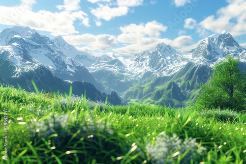 3d rendering of a sunny alpine meadow with lush grass and distant snowy mountains - generative ai