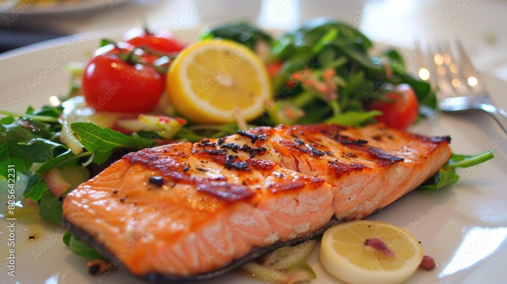 Fresh salmon steak and vegetables served on a white plate Fresh salmon steak and vegetables served on a white plate