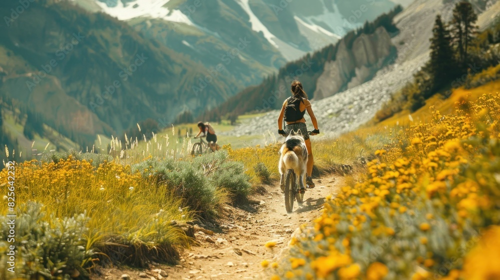 Adventure in the mountains two people cycling with dog on trail in scenic landscape with nature beauty Adventure in the mountains two people cycling with dog on trail in scenic landscape with nature beauty