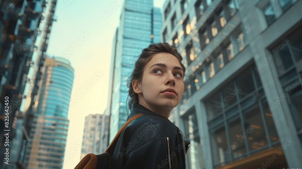 A Confident Young Woman Stands In The Downtown City Against Office Buildings, Symbolizing Ambition And Determination, High Quality A Confident Young Woman Stands In The Downtown City Against Office Buildings, Symbolizing Ambition And Determination, High Quality