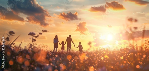 Family silhouettes against a sunset  parents and children enjoying nature  warm evening light  generative ai