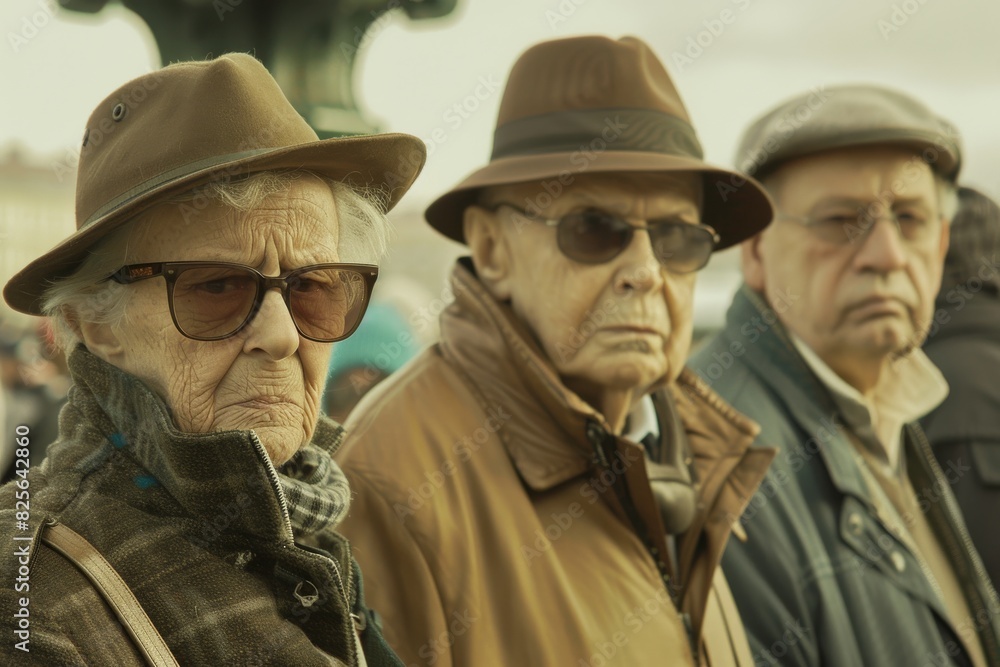Portrait of three old men in hats and sunglasses. Selective focus.