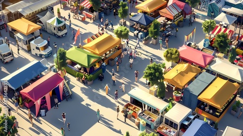 Render an aerial perspective of a bustling outdoor music festival  with multiple stages  colorful tents  food trucks  and a sea of concertgoers enjoying live performances