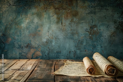 an old book rests on a wooden table against a blue wall