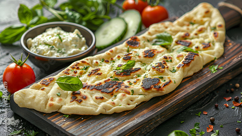 Delectable Turkish Pide: A Crispy Delight with Cacik and Fresh Veggies photo