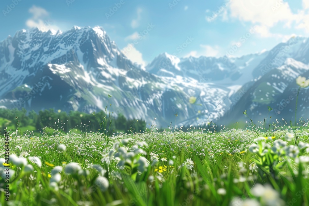 3d rendering of a sunny alpine meadow with lush grass and distant snowy mountains - generative ai