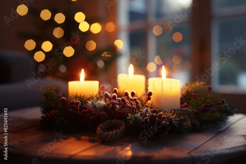 Warm holiday glow  festive candles lit on a Christmas wreath against a backdrop of soft twinkling lights