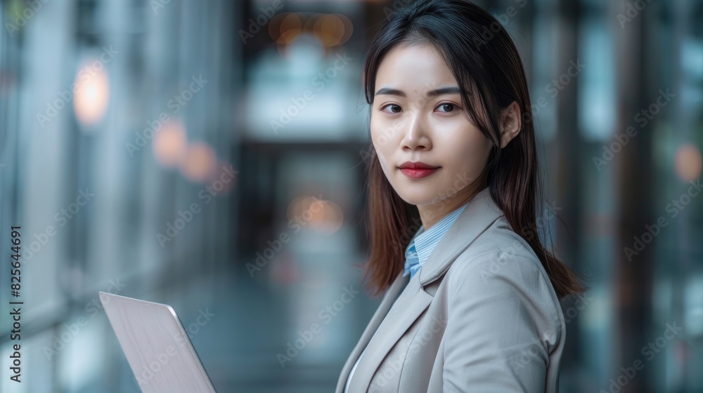 A Photo Features A Young Asian Businesswoman Holding A Laptop, Highlighting Her Role In The Professional Environment, High Quality A Photo Features A Young Asian Businesswoman Holding A Laptop, Highlighting Her Role In The Professional Environment, High Quality