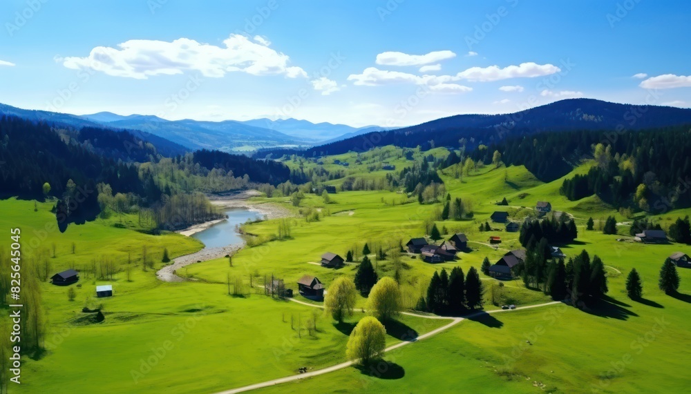 Stunning spring views of the countryside and green grass and beautiful flowers, with rolling hills and fertile soil, against a backdrop of vast mountains Stunning spring views of the countryside and green grass and beautiful flowers, with rolling hills and fertile soil, against a backdrop of vast mountains