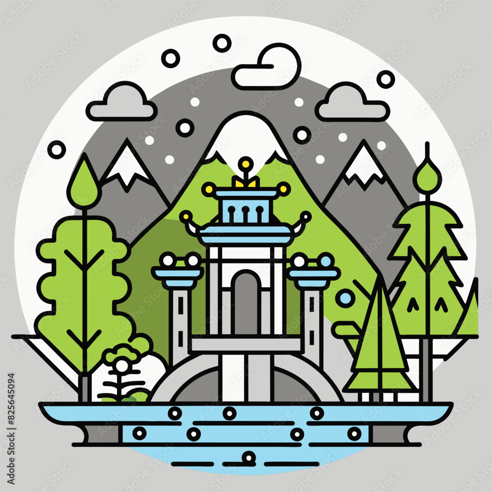 Naklejka premium A Pagoda Bridge in a Mountainous Landscape with a Stream