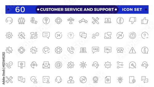 Customer Service and Support - Outline Icon Collection.Thin-line modern style of customer service icons: feedback, technical support, assistance, information, and more.