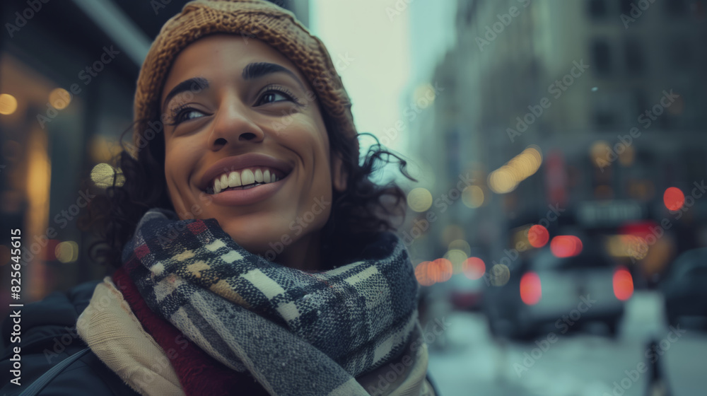 Close-up portrait of a dark-skinned curly-haired young happy woman. A smiling African woman in a hat and scarf stands on a city street Close-up portrait of a dark-skinned curly-haired young happy woman. A smiling African woman in a hat and scarf stands on a city street