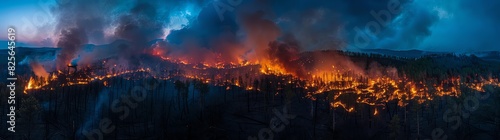 A panoramic view of the fire, showing flames engulfing an entire forest inhemletland . The sky is dark and swirling smoke rises from behind trees on hillsides , creating dramatic shadows on a night wi