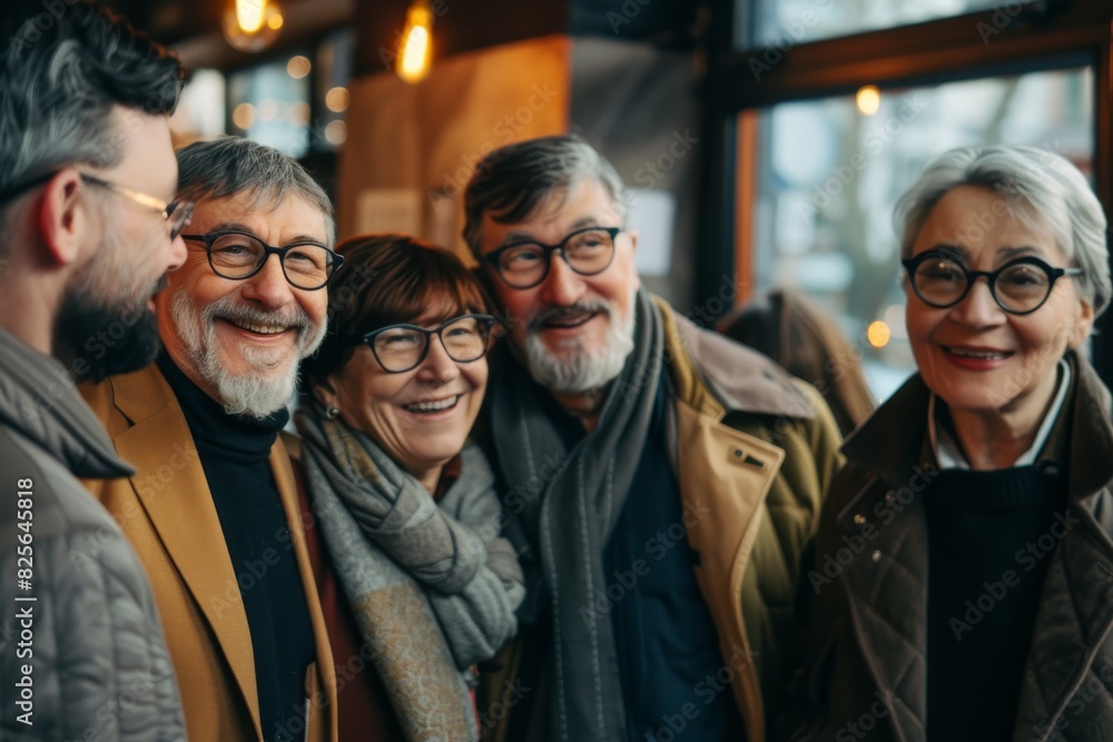 Group of senior friends looking at camera and smiling while standing in cafe Group of senior friends looking at camera and smiling while standing in cafe