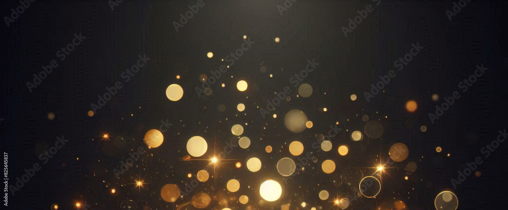Obraz premium ゴールドの輝き粒子は、背景を抽象化します。ネイビー ブラックの背景にクリスマス黄金の光輝く粒子のボケ味。休日のコンセプト。抽象的な背景と金の粒子。