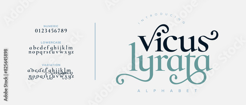 Vicuslyrata premium luxury elegant alphabet letters and numbers. Vintage wedding typography classic serif font decorative vintage retro. creative vector illustration