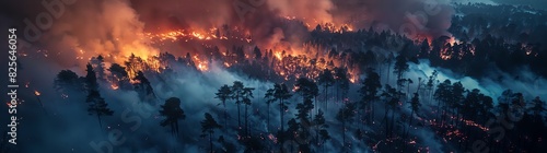 Aerial view of burning forest at night, top down view, long exposure time showing the flame and smoke on the horizon line, smoke in front of camera, smoke covering part of landscape, huge firestorm wi photo