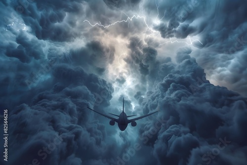 Airplane Navigating Through Dramatic Thunderstorm with Ominous Clouds and Lightning