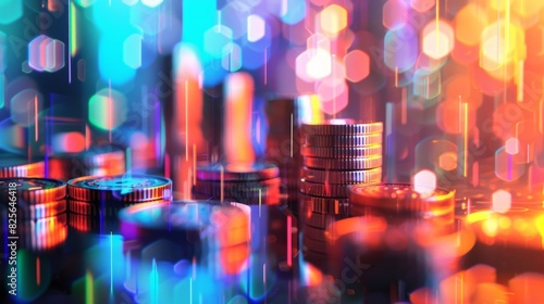 A visually striking depiction featuring stacks of coins illuminated by vibrant, multicolored lighting. It has a futuristic and abstract feel, with glowing bokeh effects and light trails.
