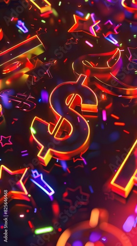 A vibrant and colorful neon composition with glowing dollar signs, stars, and various geometric shapes. The neon lights are depicted in vivid hues.