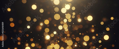 ゴールドの輝き粒子は、背景を抽象化します。ネイビー ブラックの背景にクリスマス黄金の光輝く粒子のボケ味。休日のコンセプト。抽象的な背景と金の粒子。 