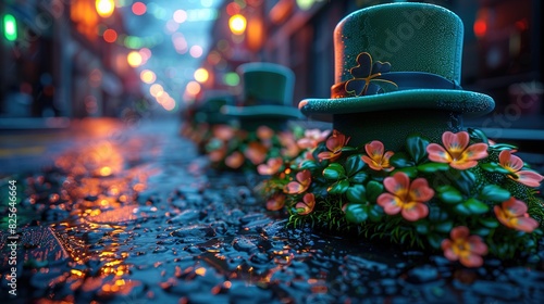 St Patrick's Day hats and clovers on festive street -Generative AI 4k image