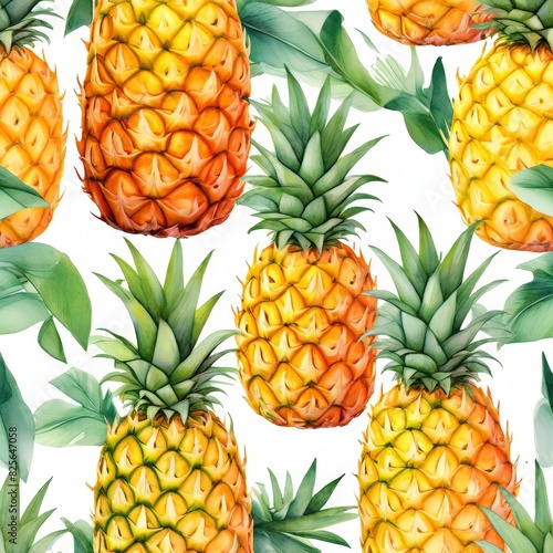 Pineapples and leaves on yellow seamless pattern.