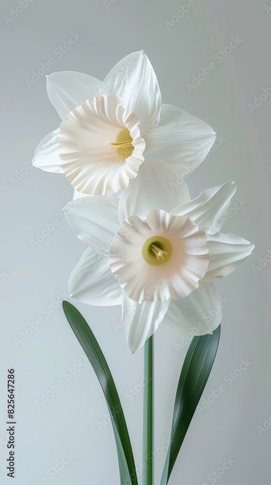 A daffodil flower with two blooms, simple background, white and green color palette, paper sculpture. A daffodil flower with two blooms, simple background, white and green color palette, paper sculpture.