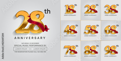 anniversary logotype set vector, golden color and red ribbon for special day celebration