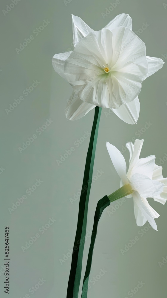 A daffodil flower with two blooms, simple background, white and green color palette, paper sculpture. A daffodil flower with two blooms, simple background, white and green color palette, paper sculpture.