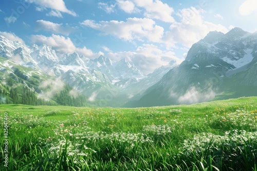 3d rendering of a sunny alpine meadow with lush grass and distant snowy mountains - generative ai © Nia™