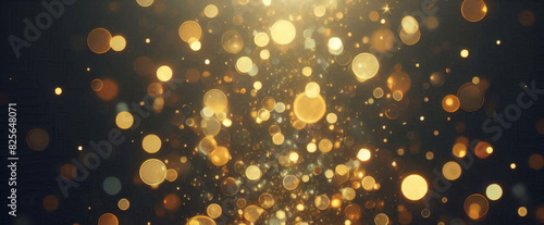 ゴールドの輝き粒子は、背景を抽象化します。ネイビー ブラックの背景にクリスマス黄金の光輝く粒子のボケ味。休日のコンセプト。抽象的な背景と金の粒子。	 photo