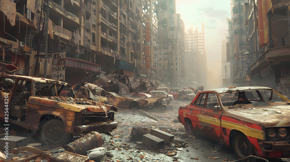 Fototapeta premium Verwüstete Stadt: Eine düstere Darstellung postapokalyptischer Zerstörung und Verschmutzung