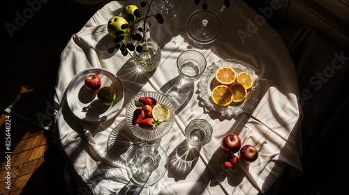 Still life of a table with a white tablecloth, glasses, a vase with flowers, plates of fruit, and shadows cast on the tablecloth. The reflections give it a nice balance, contrast and dramatism photo