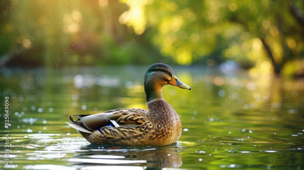 Fototapeta premium Duck with brown feathers alone at the park lake during summer