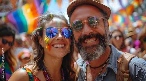 A family taking a group photo with rainbow decorations in the background at an LGBTQ pride event