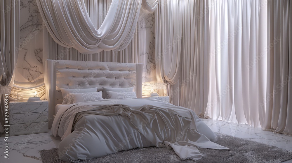 Opulent Master Suite: A grand master bedroom with a plush king-sized bed, an oversized upholstered headboard, and rich, textured bedding. Opulent Master Suite: A grand master bedroom with a plush king-sized bed, an oversized upholstered headboard, and rich, textured bedding.