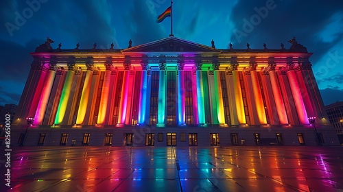 A night scene of a city hall illuminated with rainbow lights in honor of LGBTQ month