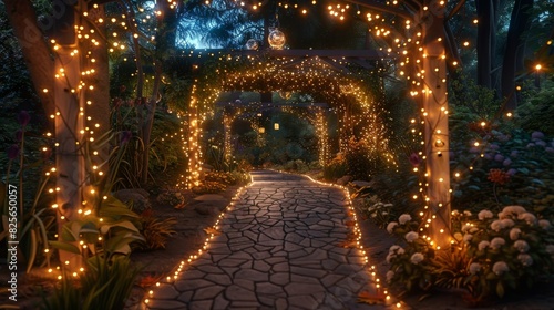 Dreamy and whimsical fairy lights illuminate the pathways at night creating a magical atmosphere that captures the essence of the diagram garden. photo