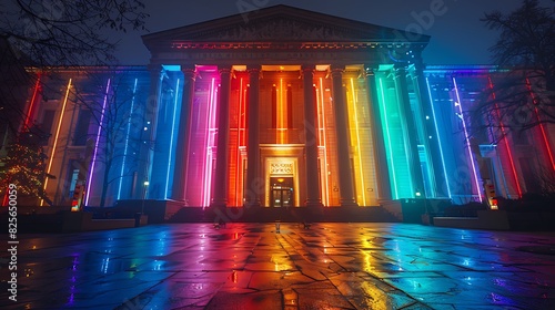 A night scene of a city hall illuminated with rainbow lights in honor of LGBTQ month photo