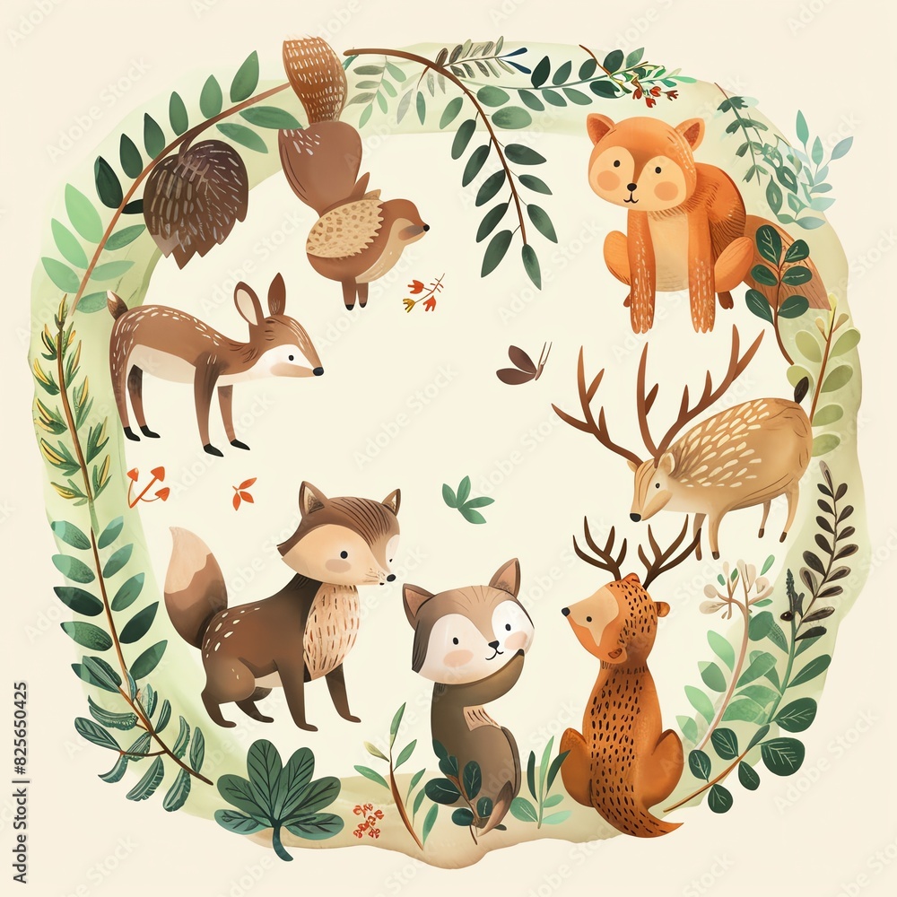 Naklejka premium Forest animals in the woods flat design top view wilderness theme water color Colored pastel