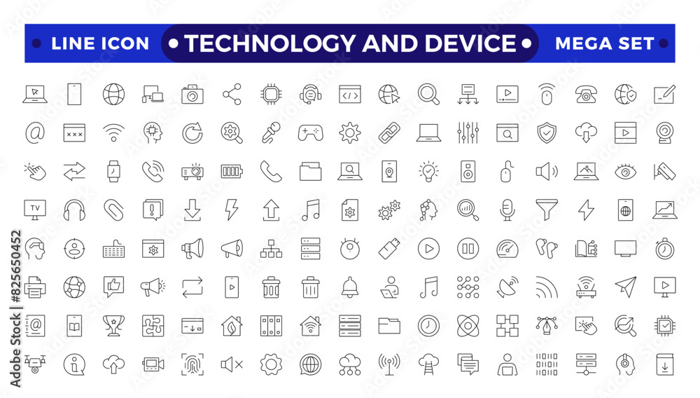 Technology and Device web icons in outline style. Computer monitor, smartphone, tablet, laptop, Mail, Search, Cloud, Media icon.Big UI icon set in a flat design. Technology and Device web icons in outline style. Computer monitor, smartphone, tablet, laptop, Mail, Search, Cloud, Media icon.Big UI icon set in a flat design.