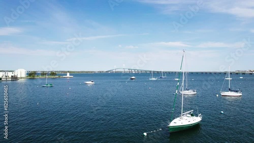 Drone flight over Narragansett Bay, the Claiborne Pell Bridge in the distance. photo