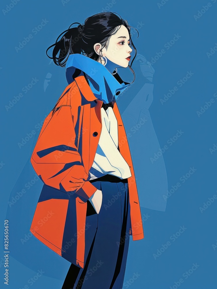 Stylish Woman in Orange Coat and Blue Scarf Standing in Front of Vibrant Blue Background as a Fashion Statement